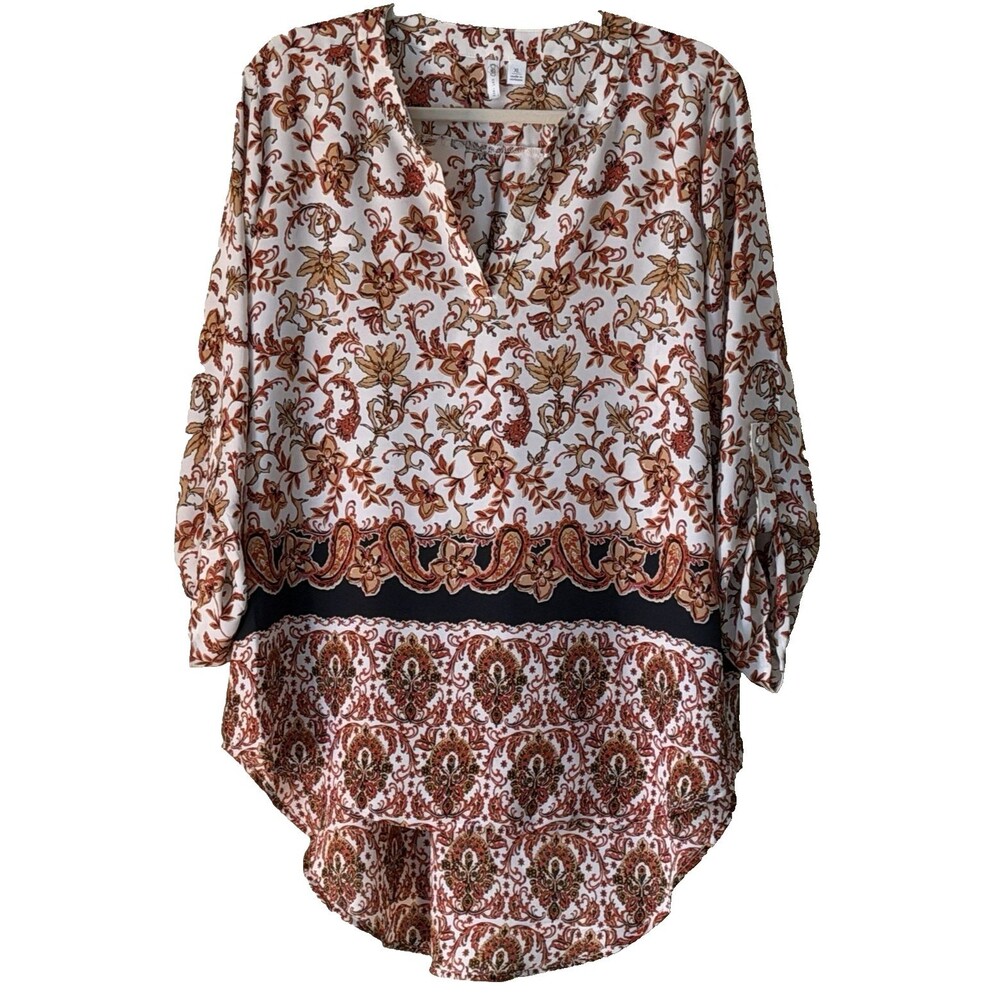Cato Blouse Women XL Ivory Rust Paisley Floral Border Print Roll Tab Sleeve Boho